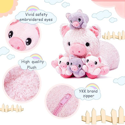 IKASA Mommy Pig Stuffed Animal Mom and Baby Plush Toy,Cute 16" Soft Small Fluffy Mama Family Set Toys with Little Mini Babies,Gifts for Kid