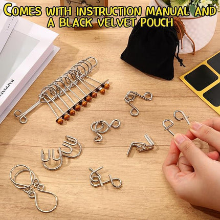 Yilloog Metal Wire Puzzle Set of 8 with Pouch, Brain Teaser Puzzles IQ Test Ring Disentanglement Unlock Interlock Game Trick Metal for Party Favor Challenge (E Style)