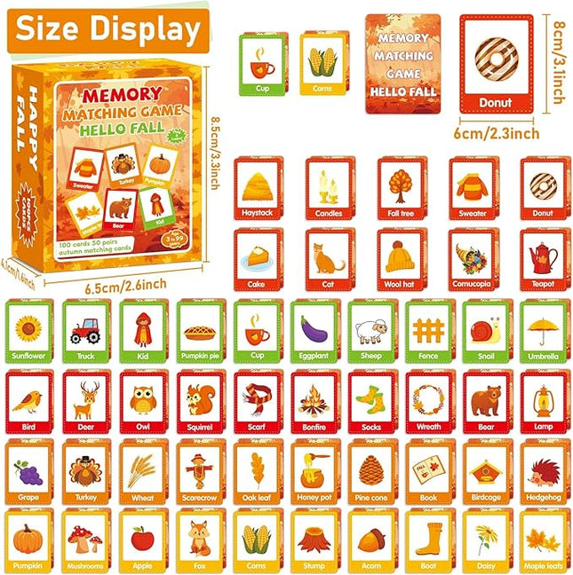 gisgfim 50 Pairs Fall Memory Matching Game Thanksgiving Happy Fall Concentration Memory Games for Kids Educational Ages 3-8 A Fun & Fast Autumn Theme Memory Matching Games