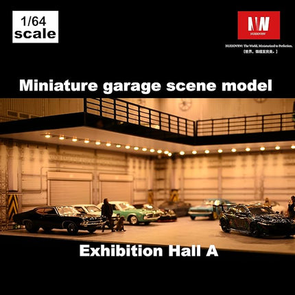 1/64 Model Car Display Case,Fits for 1/64 Hot Wheels Diecast Model Car,Diorama Double Decker Car Showroom Garage Model with Dimmable LED Lighting City Car Parking Lot Scene Model Collection (A)