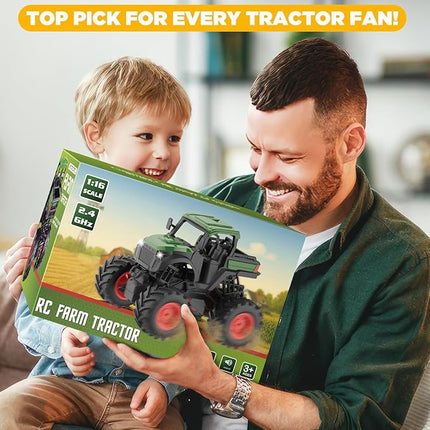 1:16 Remote Control Tractor Toy, RC Monster Truck Toys, 2.4GHz Farm Cars with 2×800mAh, LED Lights, Realistic Working Sounds, Green Toy Vehicle Birthday Gift for Kids Boys Girls 4-12 Year Old