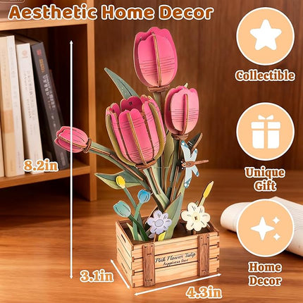 3D Wooden Flower Puzzles for Adults Pink Tulip, DIY Artificial Flower Building Set Wooden Bloom Craft Kits Home Decoration, for Women Mom Birthday Thanksgiving Christmas Valentine's Day