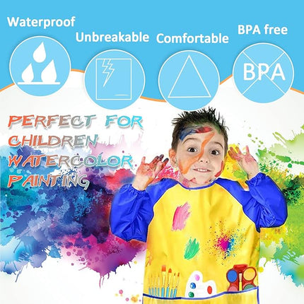 Zkptops 6 Pack Kids Art Smocks Waterproof Kid Painting Aprons Toddler Art Smock Kids Paint Smock with Long Sleeve 3 Roomy Pockets for Age 3-7 Years