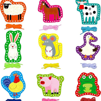 SpriteGru 9 Pieces Kids Lacing Cards, Double Sided Sewing Cards in 9 Farm Themed Cards with 9 Colorful Laces, Imagination Development Lacing Toys Games for Children Educational and Learning Activity