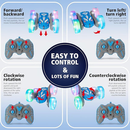 Remote Control Car for Boys 3-12 with Flashing Light, 6 7 8 9 Years Old Boy Toys, RC Cars Stunt 4WD Double Sided 360 Flip, Boy Gift Idea for Kids Birthday Present Christmas Indoor Outdoor Blue