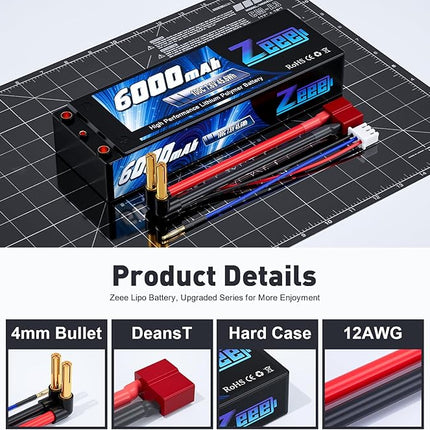 Zeee 2S High Voltage Lipo Battery 6000mAh 7.6V 100C Hard Case RC Battery with 4mm Bullet to T Connector for RC 1/8 1/10 Scale Vehicles Car RC Trucks Boats