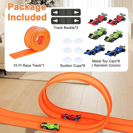 15 Ft Double Sided Flexible Race Track Set with 6 Toy Cars for Kids (Orange)