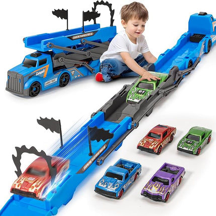 2-in-1 Folding Ejector Truck Slalom Track Car Set with 4 Racing Cars - Alloy Toy Car Folding Mini Car Set, Birthday Gift for 3 (Single Track Racing Blue)