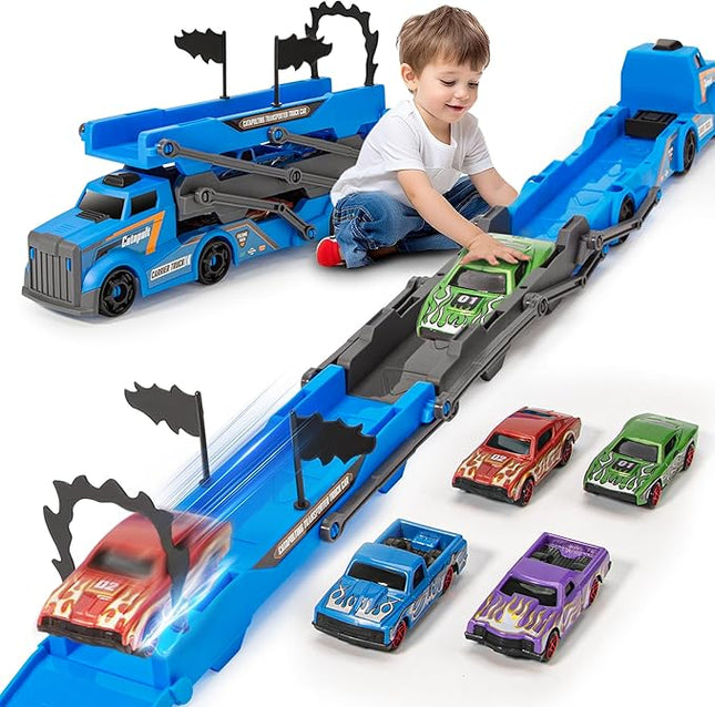 2-in-1 Folding Ejector Truck Slalom Track Car Set with 4 Racing Cars - Alloy Toy Car Folding Mini Car Set, Birthday Gift for 3 (Single Track Racing Blue)