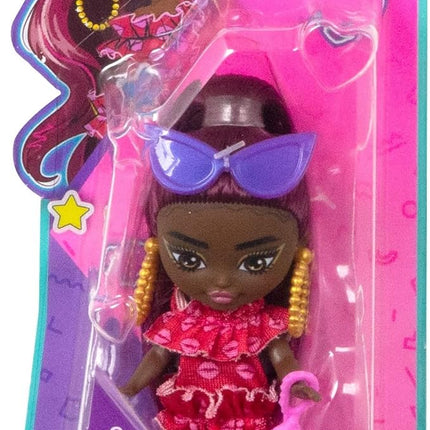 Barbie Extra Mini Minis Doll with Burgundy Hair, Red Ruffle Dress, Sunglasses & Accessories & Stand, 3.25-inch