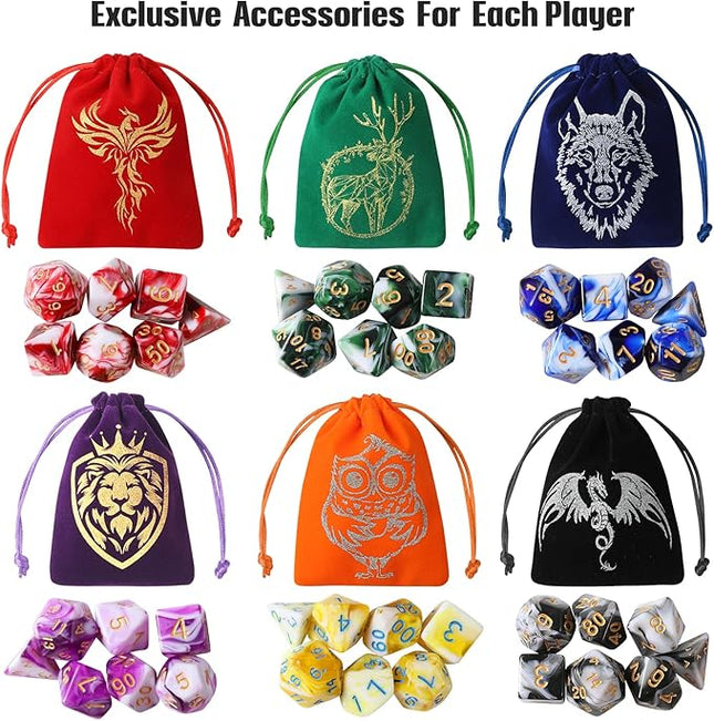 Grajar DND Dice Set, 42 Pcs Role Playing Dice Set with 6 Colorful Animal Pattern Dice Bag and PU Leather and Velvet dice Tray for Dungeons and Dragons D&D RPG MTG Table Games Mixed White