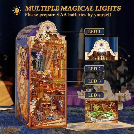 Tonecheer DIY Book Nook Kit for Adults, 3D Wooden Puzzle Bookend Miniature House Kit, Booknook Bookshelf Insert Decor with Dust Cover and LED Lights Gifts (Magical Library)