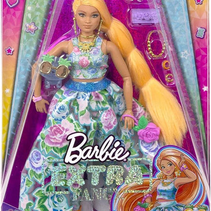 Barbie Extra Fancy Fashion Doll & Accessories with Curvy Shape & Orange Hair in Floral 2-Piece Gown with Pet Kitten