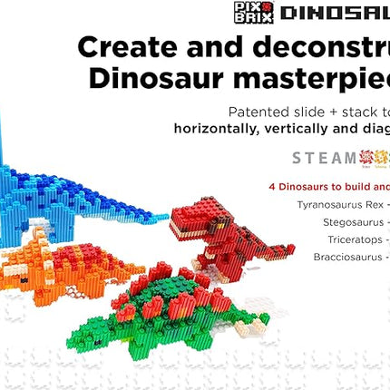 Pix Brix Pixel Art Puzzle Bricks – Dinosaur Series, T Rex – Patented Building Brick Set to Recreate Your Favorite Dino, Includes 397 Pieces – Create 2D and 3D Builds Without Water, Iron or Glue