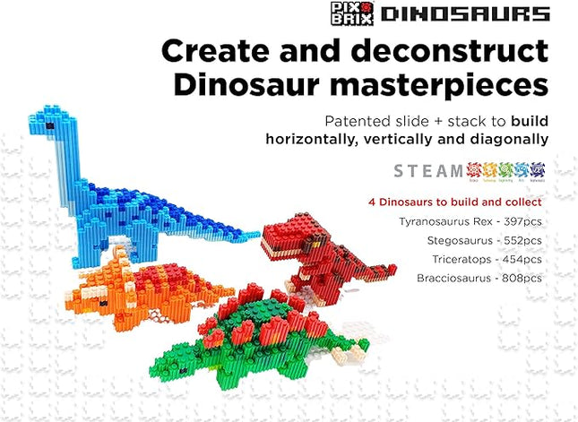 Pix Brix Pixel Art kit Puzzle Bricks – Dinosaur Series, Brachiosaurus – Patented Building Brick Set to Recreate Your Favorite Dino, Includes 808 Pieces – Create 3D Builds Without Water, Iron or Glue