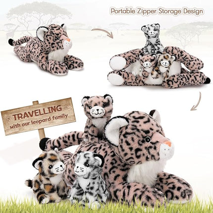 MorisMos Pink Cheetah Stuffed Animal with Babies,18" Large Mommy Leopard with Cub Plushies,Mama & Baby Leopard Stuffed Animals Set,Realistic Cheetah Toys Gift for Girl Kid Birthday Jungle Party Decor
