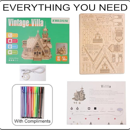 Vintage Villa 3D Wooden Puzzle,Building Kits for Adults and Teens,Educational Brain Teaser Assembly Model with LED Lights,Skill Building and Creative Fun