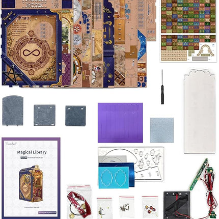 Tonecheer DIY Book Nook Kit for Adults, 3D Wooden Puzzle Bookend Miniature House Kit, Booknook Bookshelf Insert Decor with Dust Cover and LED Lights Gifts (Magical Library)