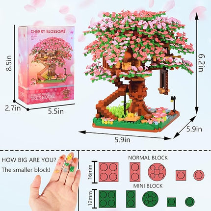 Cherry Blossom Tree Building Block Set Gift for Adults, Cherry Bonsia Treehouse Micro Building Blocks, Japanese Sakura Flowers House 2138PCS