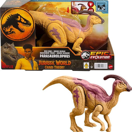 Mattel Jurassic World Wild Roar Dinosaur Action Figure, Parasaurolophus with Glowing Spine Reveal Lights & Sound, Posable Toy with Digital Play