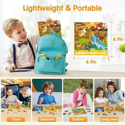 SYNARRY Magnetic Dinosaur Puzzles for Kids Ages 3-5, 20 Pieces Puzzles for Toddlers 4-6, Easter Basket Stuffers Valentines Day Gifts for Kids, Car Airplane Road Trip Activities Toys for Boys Girls