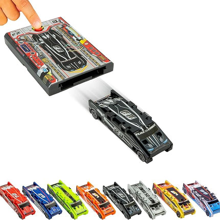 FLAT 2 FAST Original Stunt Card Racer – Flat Car Racer and Pocket Size Racecar Launcher with Built-in Button for Stunt Launching and Racing – Compact – Jet Black
