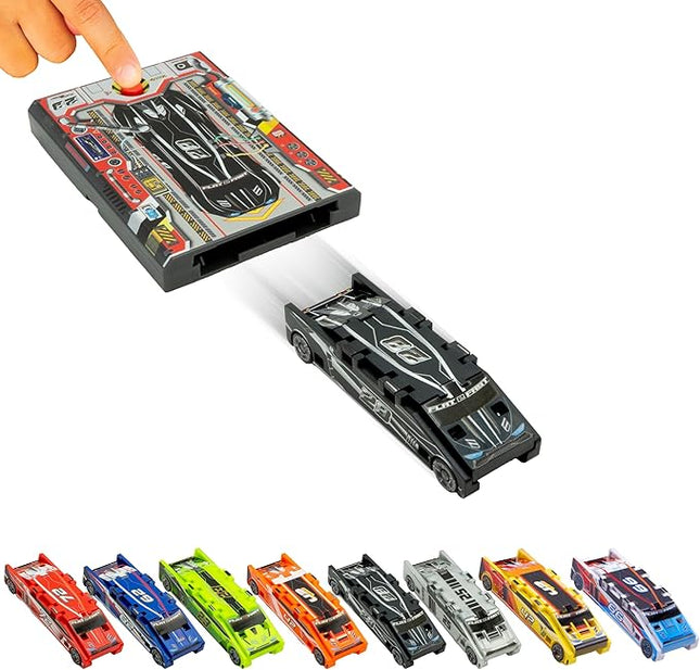 FLAT 2 FAST Original Stunt Card Racer – Flat Car Racer and Pocket Size Racecar Launcher with Built-in Button for Stunt Launching and Racing – Compact – Jet Black