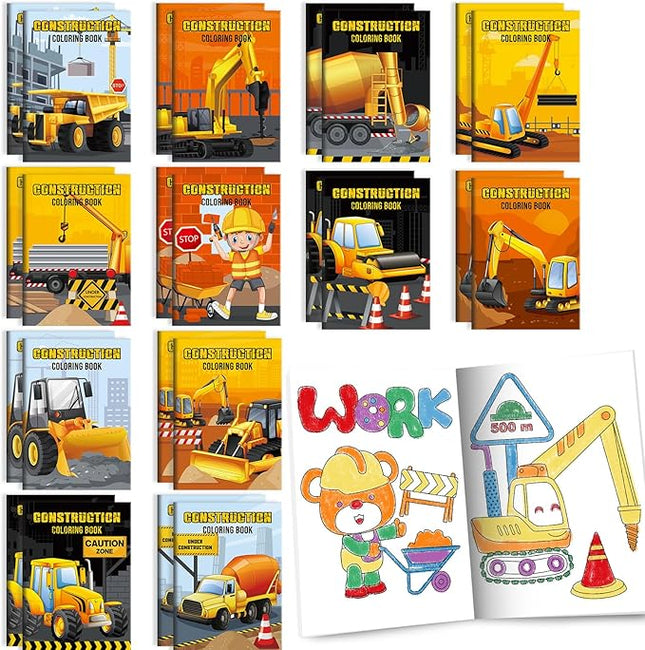BenLouis 24 Pcs Construction Mini Coloring Books Kids Excavator Theme Party Favors Small Activity Books Bulk for Kids Construction Birthday Goodie Bags Stuffers Return Gifts Classroom Travel