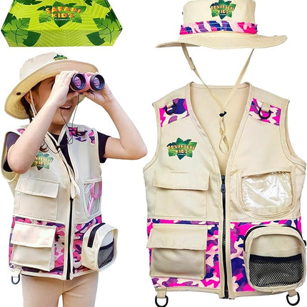 Safari Kidz Outdoor Explorer Kit - Pink Camouflage Cargo Vest and Hat Set, Backyard Nature Adventures, Washable Costume, Age 3+