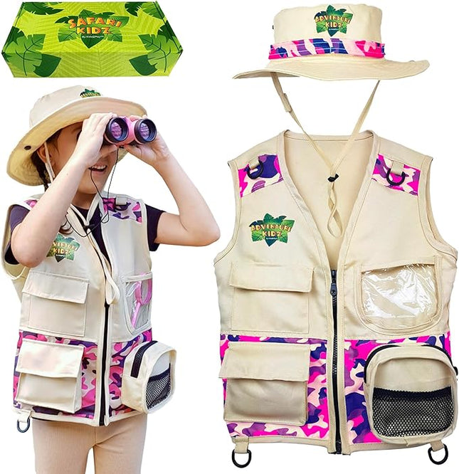 Safari Kidz Outdoor Explorer Kit - Pink Camouflage Cargo Vest and Hat Set, Backyard Nature Adventures, Washable Costume, Age 3+