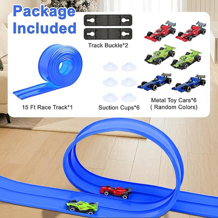 15 Ft Double Sided Flexible Race Track Set with 6 Toy Cars for Kids (Blue)