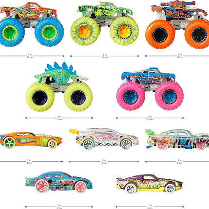 Hot Wheels Toy Monster Trucks 10-Pack of Glow-in-The-Dark 1:64 Scale Vehicles, GITD Set of 5 Trucks & 5 Cars, Play Vehicles for Kids & Collectors
