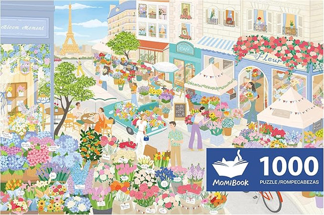 MOMIBOOK Puzzles for Adults 1000 Pieces Jigsaw Puzzles of Paris in Bloom, Painting Image Steet Flower Shop Difficult Challenging Hard Impossible Puzzle Unique Funny Party Christmas Birthday Gifts