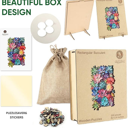 delobil Rectangular Succulent Wooden Puzzles, 200 Pieces Jigsaw Puzzles 12.6'' x8'', Unique Design Liberty Wooden Puzzles for Adults and Kids, Family Game Gift Royal Size