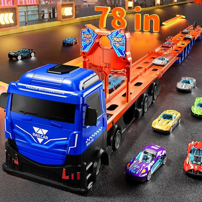 Toy Truck for 3 4 5 6 Years Old Kids Boys, 78-Inch Race Track Transport Vehicle and 12 Die-Cast Metal Toy Cars, Carrier Truck Toddler Truck Car Toys Set Gifts for Age 3-12 Years Old Kids Boys