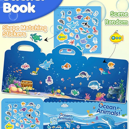 Benresive Reusable Sticker Book for Toddlers 2-4 Years, Fun Travel Stickers for Kids, Waterproof Sticker Books for Toddlers 1-3, Crafts Activities for Todddlers 1-3 2-4 3-5 - Ocean Animals