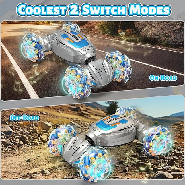 Gesture Sensing RC Stunt Car, Remote Control Car Birthday gifts for kids Age 6-12, 2.4Ghz Hand Controlled Twist Cars, 360° Rotating Transform Off Road Car Toy for Boys Girls Age 6 7 8 9 10 11+ (Gray)