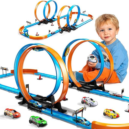 Toy Car Race Track Set for Boys Kids Age 3-5 4-7, Race Tracks with 4 Crash Zones and 1:64 Scale High-Speed Slot Cars, Christmas Halloween Birthday Gifts Toys for Toddlers Boys 4-8 8-12 Years