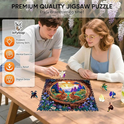 Rabbit Sunrise Wooden Puzzles, 200 Pieces Jigsaw Puzzles 11.3 x11.1 inch, Unique Design Wooden Puzzles for Adults and Kids, Family Game Gift