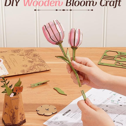 rowood Wooden Flower,3D Puzzles for Adults,Artifical Flower Botanical Collection Building Kit,Mother's Day/Valentine's Day Pink Tulip