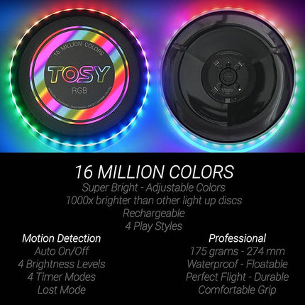 TOSY Flying Disc - 16 Million Colors RGB or 36 LEDs, Extremely Bright, Smart Modes, Camping Essentials for Teens/Kids/Adults/Men/Boys/Girls, Auto Light Up, Rechargeable, Waterproof, 175g