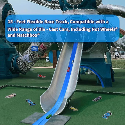 Flex Track 15 Ft Starter Set – Flexible Race Car Ramp Track for Kids, Double-Sided Racetrack for 1:64 Diecast Cars, Compatible with Hot Wheels, Ages 3 & Up with Suction Cups，Blue