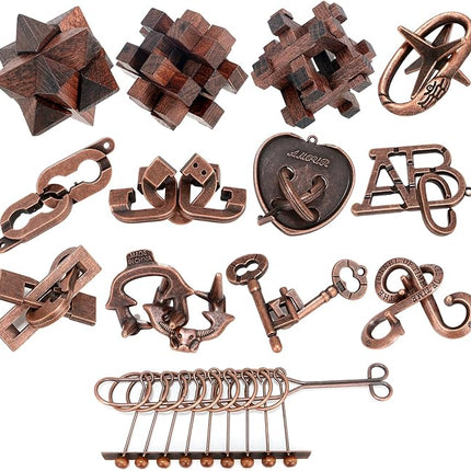 13 Pcs Brain Teaser Puzzles for Adults - Metal Puzzles 3D Puzzle Game Toys for Adults Teens - Wooden Unlock Interlocking Puzzle Adult IQ Education Smart Toys