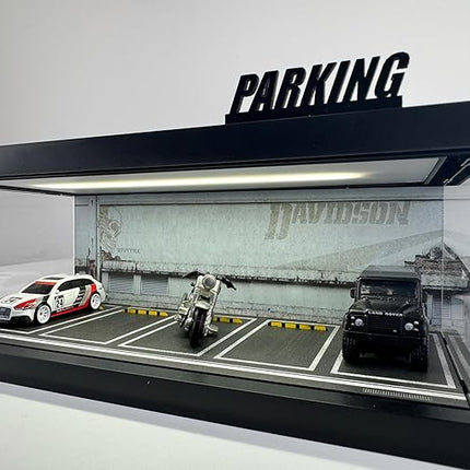 1/64 Model Car Display Case - Compatible with Hot Wheels Matchbox Mini GT Diecast Cars,Acrylic Box for Toy Cars Display Décor and Storage,Stackable Garage Diorama with LED Lights(1T-Motor)