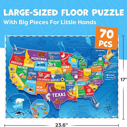 United States Puzzles for Kids Ages 4-6 - Educational Toys for Boys & Girls - 70Pcs USA Map Kids Puzzle with 50 States & Capitals - Floor Jigsaw Puzzles, Learning Activities, Valentine Gifts for Kids
