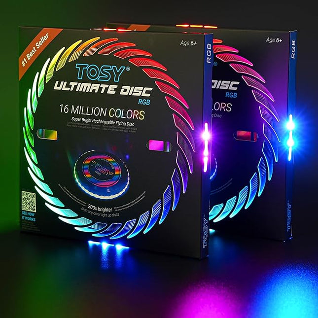 TOSY Flying Disc - 16 Million Colors RGB or 36 LEDs, Extremely Bright, Smart Modes, Camping Essentials for Teens/Kids/Adults/Men/Boys/Girls, Auto Light Up, Rechargeable, Waterproof, 175g