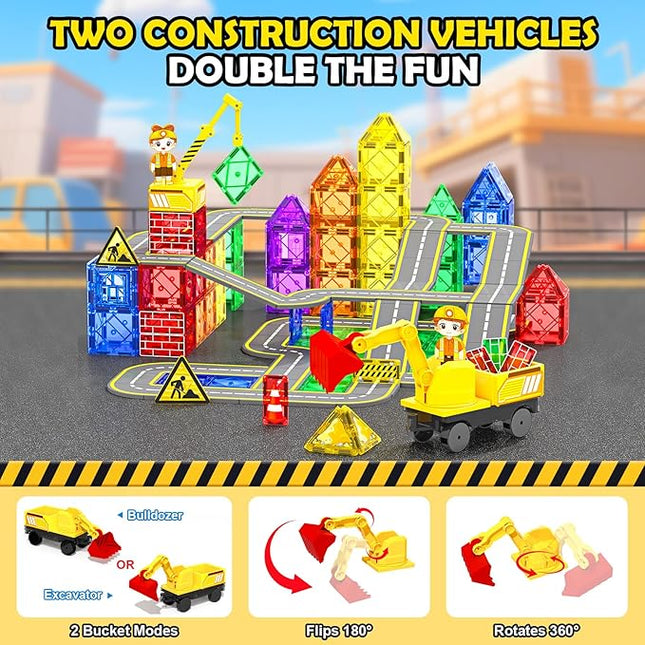 Magnetic Tiles Construction Set with Movable Excavator & Crane, STEM Magnetic Blocks Sensory Toys for Kids 3-5 Girls Boys Toys Age 4-6 6-8, Kids Games Outdoor Toy Birthday Gifts with Car