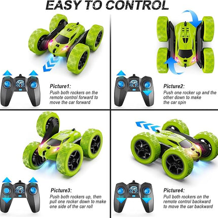 Remote Control Car for Kids Ages 6+, RC Cars Stunt Car Toy 4WD Double Sided 360° Rotating Remote Control with Headlights, Birthday Xmas Gifts for Boys 6 7 8 9 10 11 12 Green