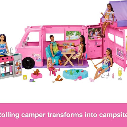 Barbie Dream Camper New for 2025 Playset with Roof Tent, Swing Chair, Fishing Pond, BBQ Grill with Color-Change Feature & 60+ Accessories Including Dough