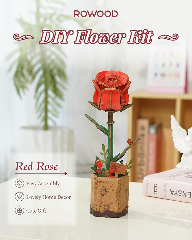 rowood 3D Puzzle Wooden Flower,DIY Artifical Flower Building Toy Set Craft Kit for Women,Mother's Day/Valentine's Day/Teacher's Day/Thanksgiving/Christmas/Birthday Choice-Red Rose